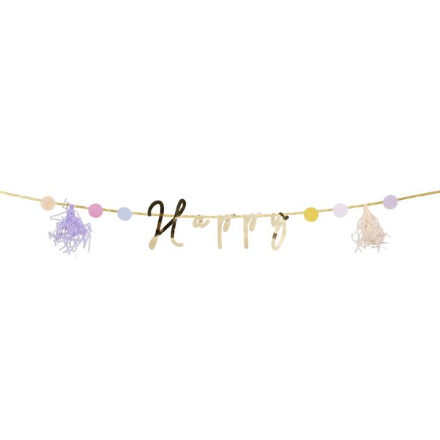 Guirlande anniversaire Happy Birthday aluminium th&egrave;me f&eacute;e licorne 2m