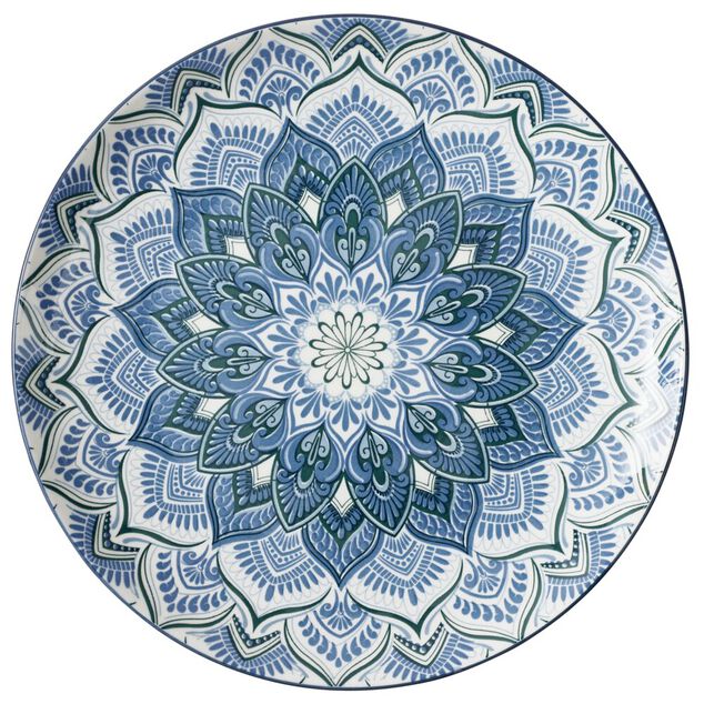 Service &agrave; vaisselle 12 pi&egrave;ces c&eacute;ramique opale motif mandala bleu et blanc