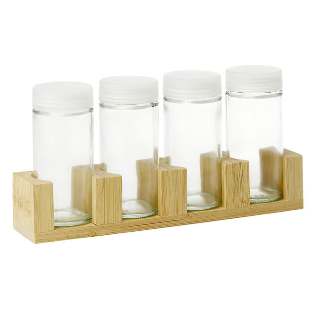 Pots &agrave; &eacute;pices en verre x4 avec support en bambou 20x4,5xH11cm