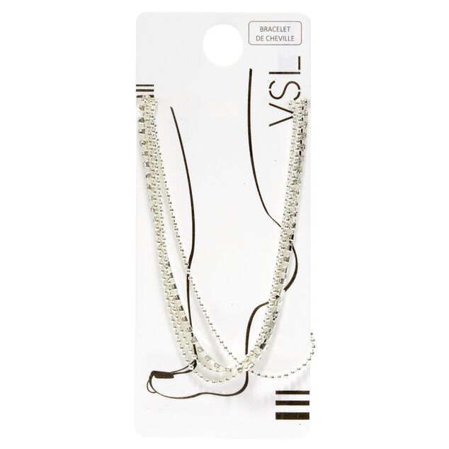 Cha&icirc;ne de cheville gris argent&eacute; 3 rangs fils et boules strass