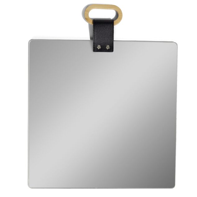 Miroir carr&eacute; avec poign&eacute;e simili et bois 35x35cm