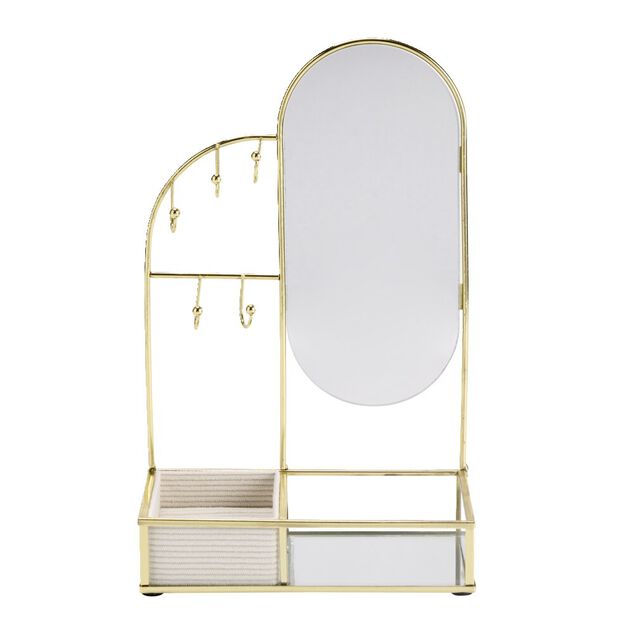 Porte-bijoux avec miroir et rangement m&eacute;tal jaune dor&eacute; 18x10xH28,5cm