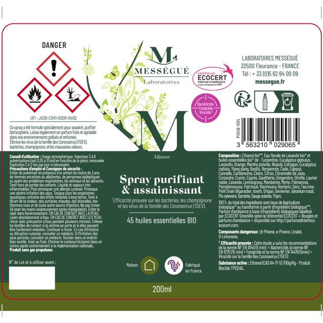 Spray purifiant et assainissant Mess&eacute;gu&eacute; 45 huiles essentielles bio 200ml