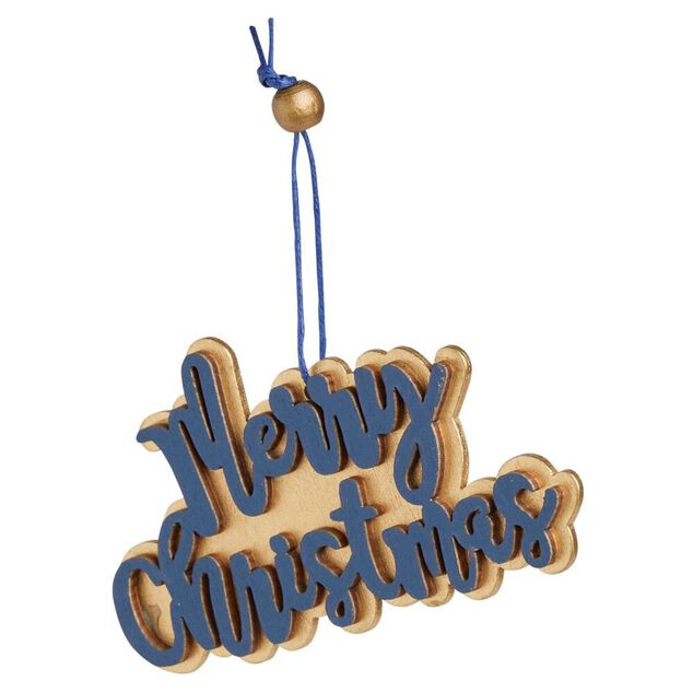 Suspension Merry Christmas dor&eacute; et bleu L10x6cm
