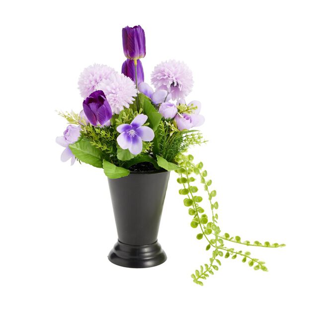Composition florale artificielle multifleur violette vase lest&eacute; &Oslash;20xH33cm