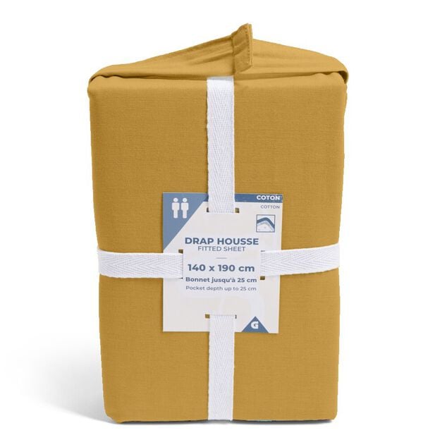 Drap housse 160x200cm 100% coton jaune moutarde
