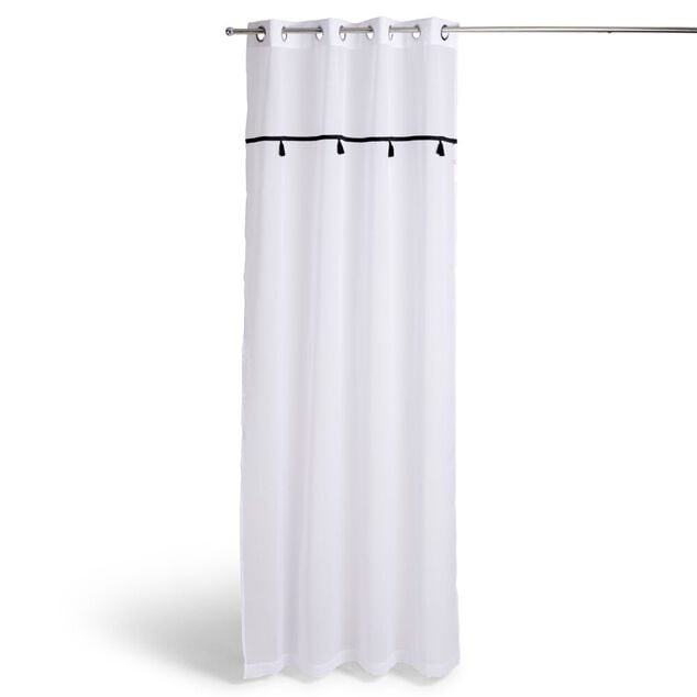 Voilage 140x240cm polyester blanc &agrave; pompons noirs