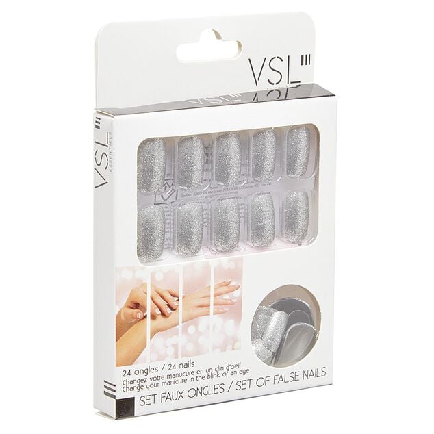 Kit faux ongles paillet&eacute;s argent&eacute;s 24 pi&egrave;ces