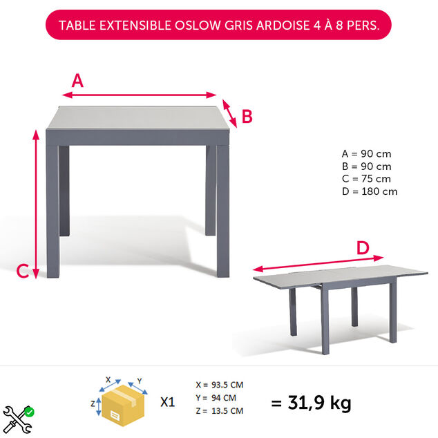 Table extensible Oslow gris ardoise 4 &agrave; 8 personnes
