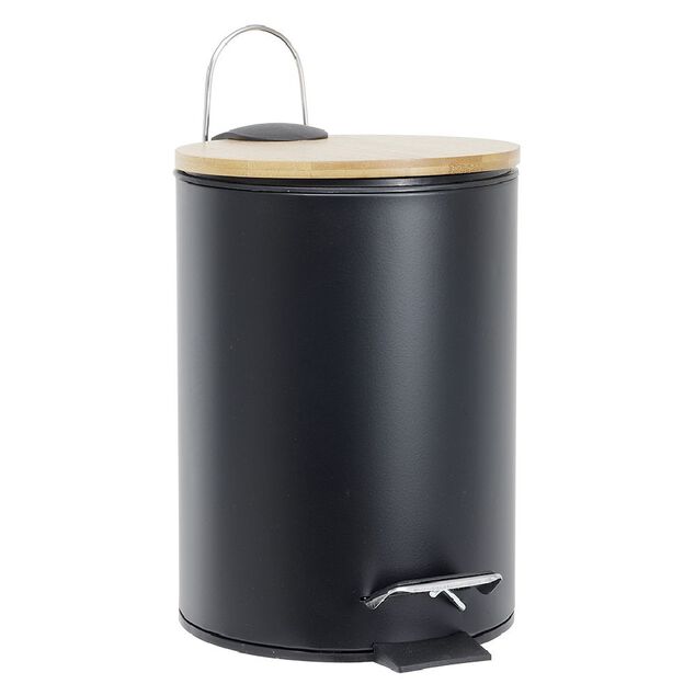 Poubelle salle de bain m&eacute;tal et bambou 3L noir