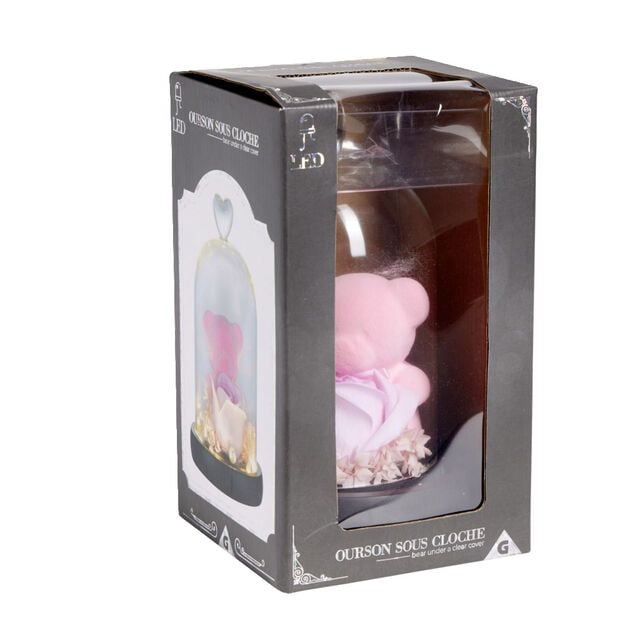 Ourson rose sous cloche en verre LED avec rose &eacute;ternelle &Oslash;12xH20cm