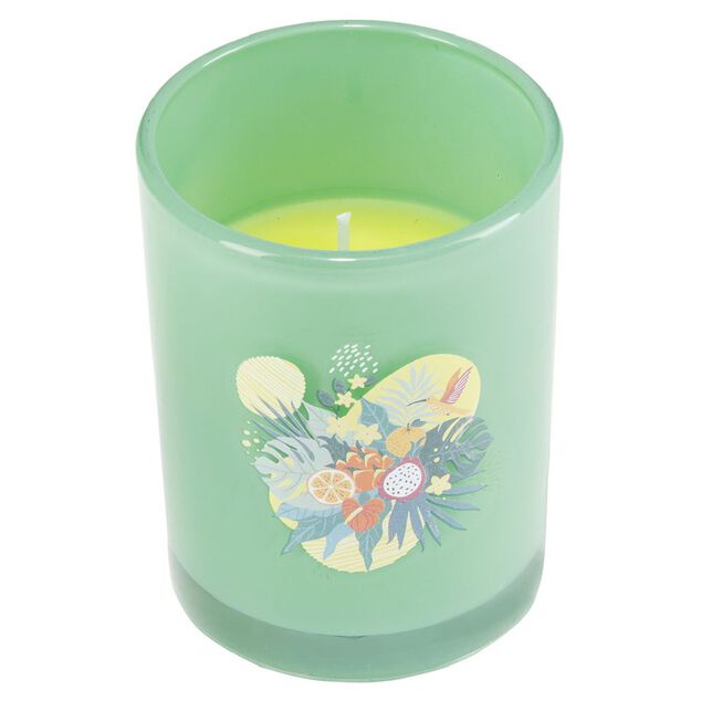 Bougie citronnelle pot en verre color&eacute; motif tropical 28H - &Oslash;13xH8cm