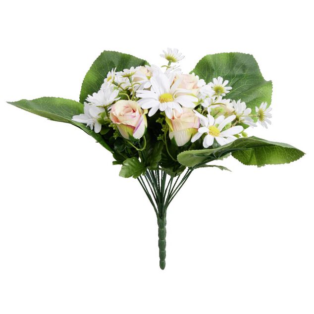 Bouquet fleurs artificielles marguerites et roses 24 t&ecirc;tes H38cm
