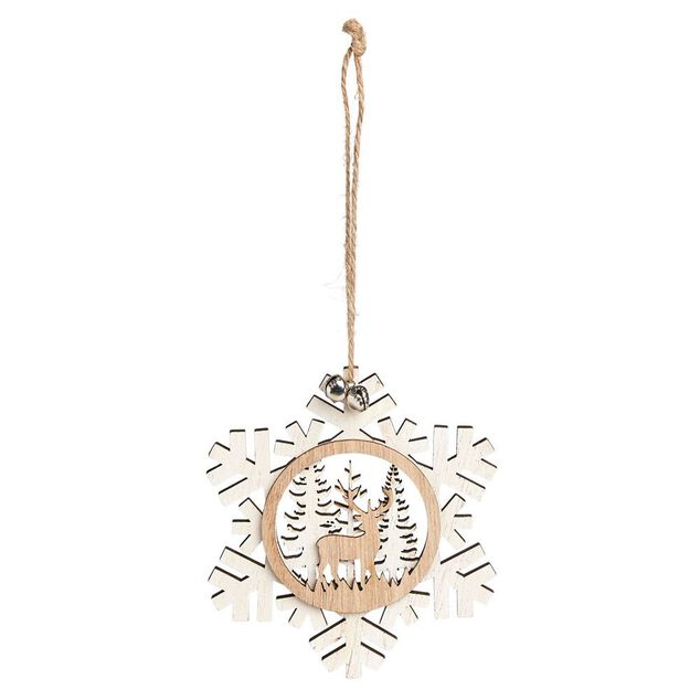 Suspension village de No&euml;l dans flocon en bois H12cm - 2 mod&egrave;les