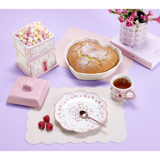 Assiette &agrave; dessert ronde Feston porcelaine blanche motif floral rose &Oslash;22cm