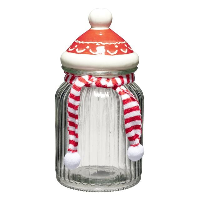 Bonbonni&egrave;re No&euml;l forme bonhomme avec &eacute;charpe verre et c&eacute;ramique &Oslash;11XH21 cm