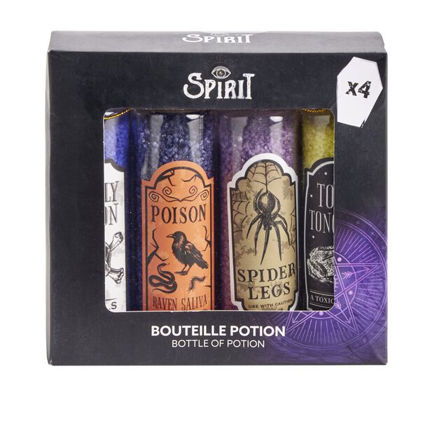 D&eacute;coration Halloween &agrave; poser Spirit bouteille potion x4 en verre &Oslash;3xH10cm