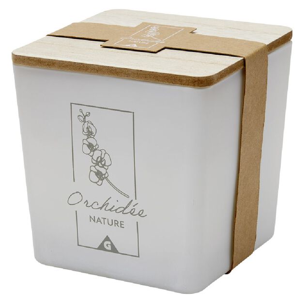 Bougie dans pot carré avec couvercle bois senteur orchidée