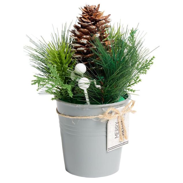 D&eacute;coration branche de pin dans pot gris &Oslash;8xH10cm