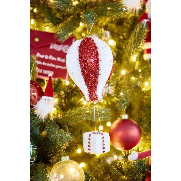 Montgolfi&egrave;re de No&euml;l brillante rouge et blanc &agrave; suspendre H17cm