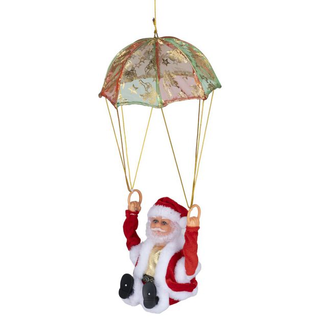 P&egrave;re No&euml;l en parachute &agrave; suspendre anim&eacute; musical &Oslash;18xH41cm