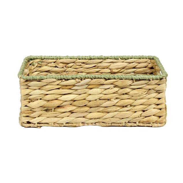 Pani&egrave;re rectangulaire jacinthe tress&eacute;e naturel avec bord vert 32x22xH12cm