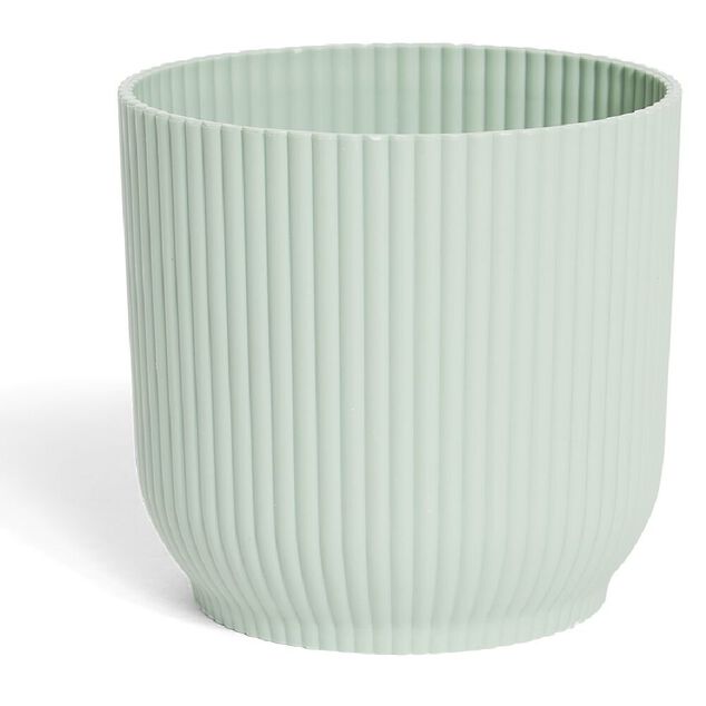 Cache pot rond plastique stri&eacute; vert d'eau &Oslash;11xH10cm