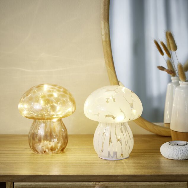D&eacute;coration &agrave; poser champignon &agrave; LED en verre blanc &Oslash;13xH15cm