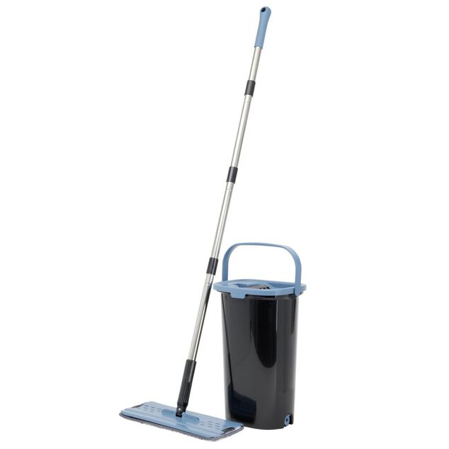 Seau essoreur + balai plat noir et bleu 8L