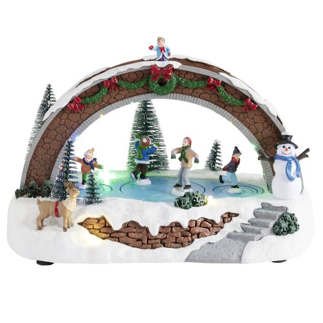 Village de No&euml;l anim&eacute; LED sc&egrave;ne lac et pont 26,5x16xH18,5cm
