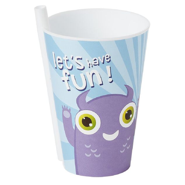 Gobelet avec paille int&eacute;gr&eacute;e bleu motif monstre violet &Oslash;9xH13,5cm