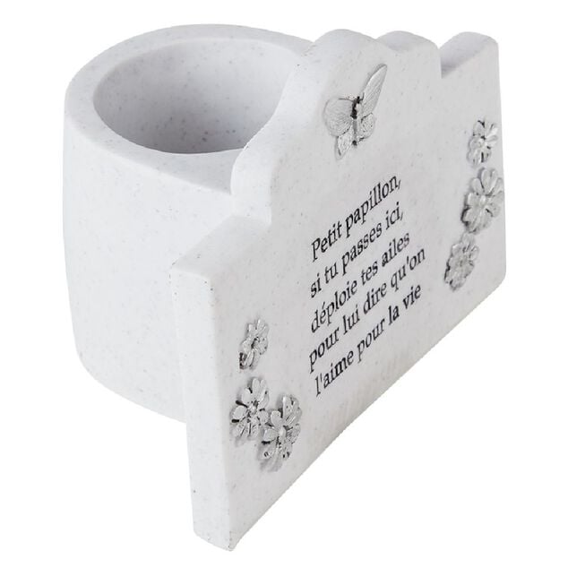 Plaque fun&eacute;raire + pot de fleur motif fleur papillon r&eacute;sine blanc