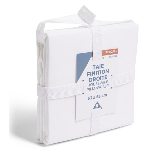 Taie d'oreiller 63x63cm 100% coton percale finition droite blanc