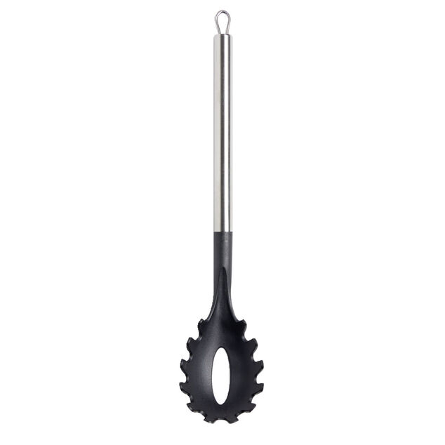 Cuill&egrave;re &agrave; spaghetti en plastique noir avec manche en inox L.33,5cm