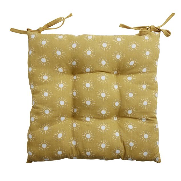 Galette de chaise carr&eacute;e 38x38cm jaune moutarde motifs pois blancs