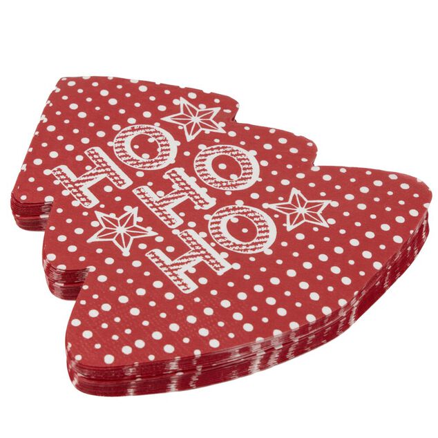 Serviette en papier X20 pcs forme sapin imprim&eacute; "HoHoHo" 16X16 cm rouge
