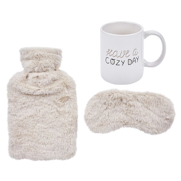 Coffret cocooning 3 pi&egrave;ces bouillotte masque yeux et mug rose