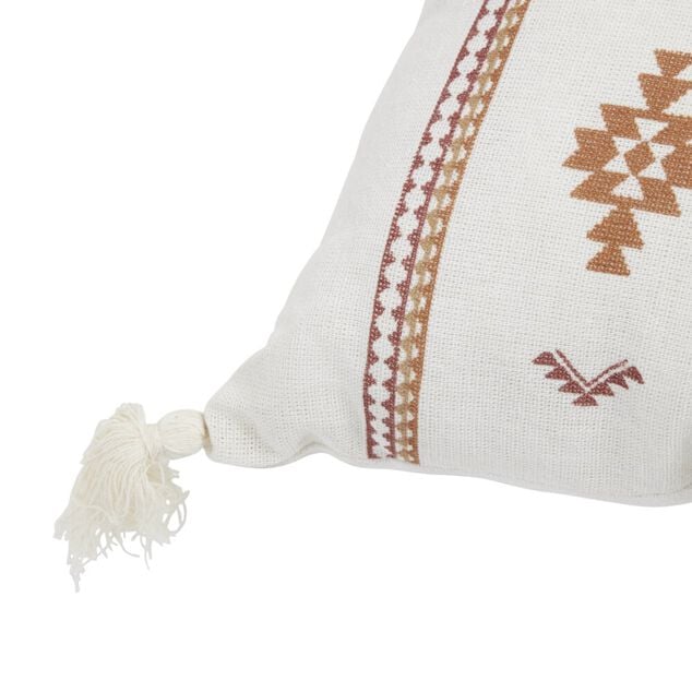 Coussin rectangulaire Indie blanc motif orange avec pompons 30x50cm