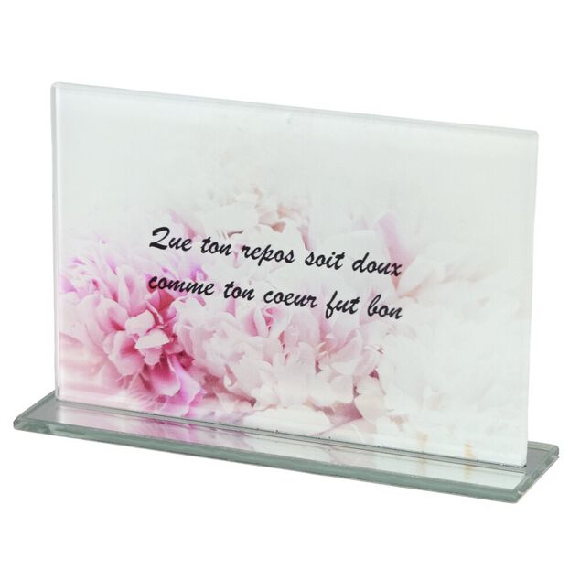 Plaque fun&eacute;raire inscription rectangulaire en verre rose et blanc 16x3,5xH10,5cm
