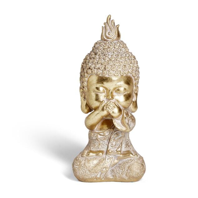 Bouddha de la sagesse Je ne dis rien r&eacute;sine dor&eacute; H19cm