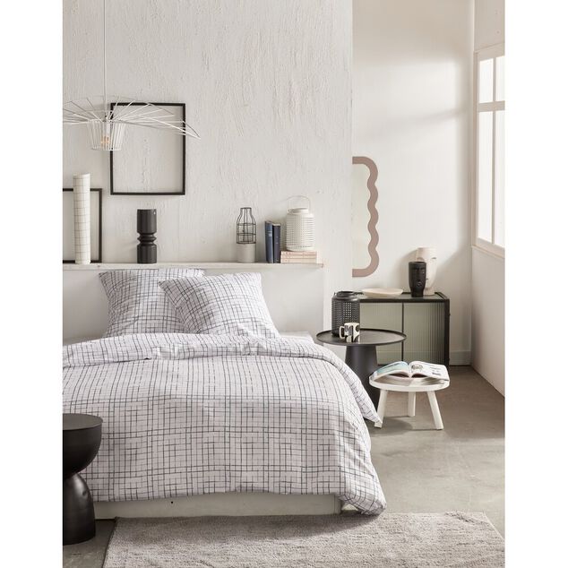 Parure de lit 2 personnes 220x240cm blanc quadrillage gris
