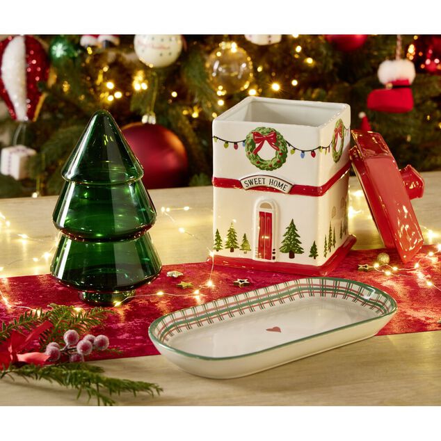 Bonbonni&egrave;re de No&euml;l forme maison en dolomite L15X15XH24 cm