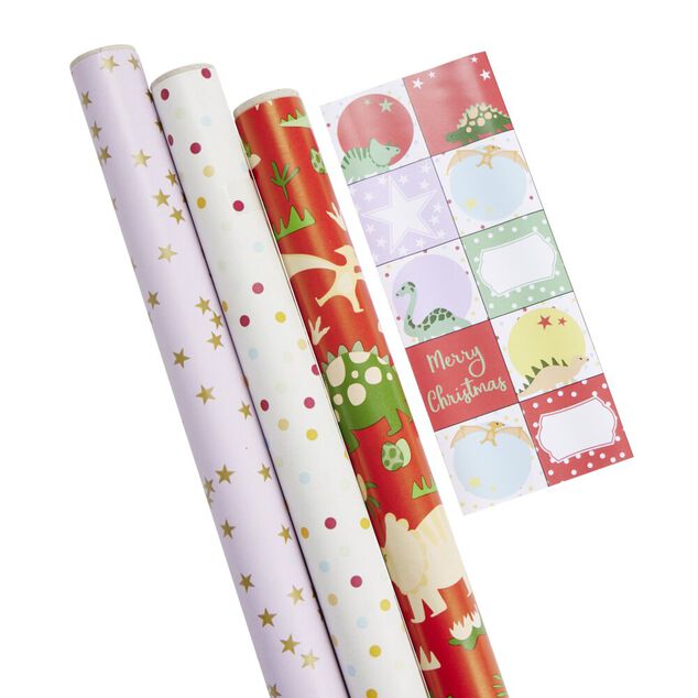 Papier cadeau No&euml;l rouleau x3 avec 20 &eacute;tiquettes autocollantes enfant