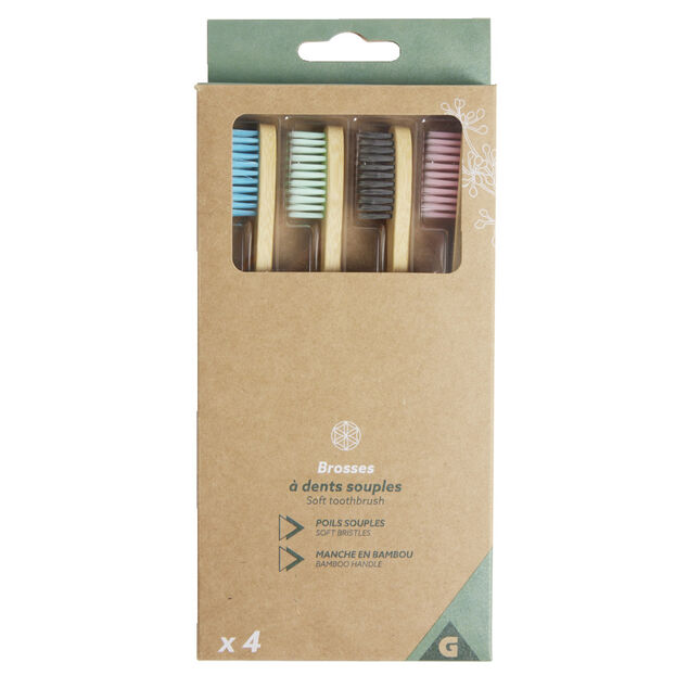 Lot de 4 brosses à dents souples poils nylon et manche bambou