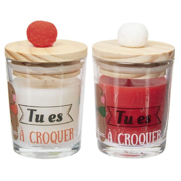 Bougie dans verre avec couvercle en bois &agrave; pompon