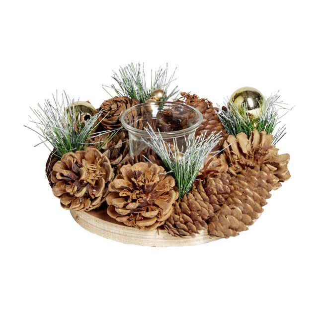 Bougeoir centre de table pomme de pin et boules de No&euml;l &Oslash;19xH9cm