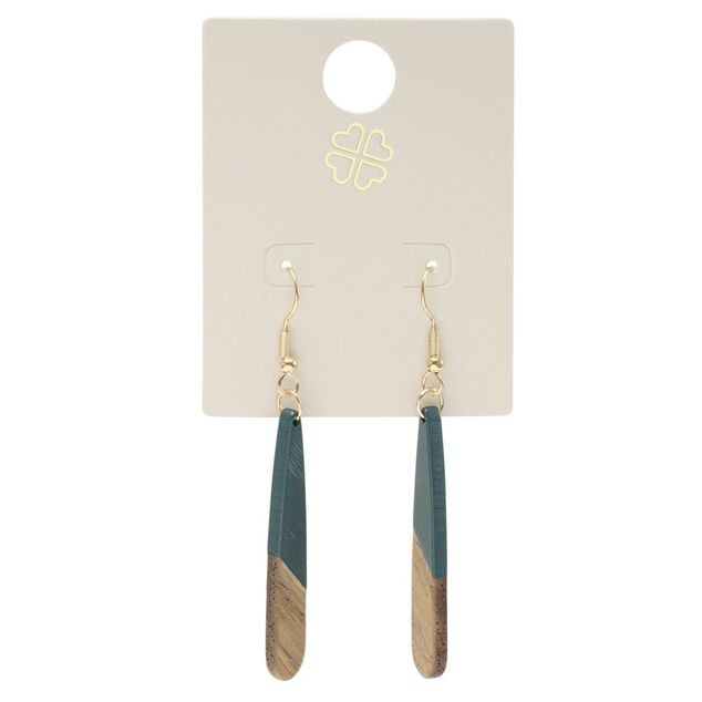 Boucles d'oreilles m&eacute;tal et bois forme goutte longue marron et vert L6cm