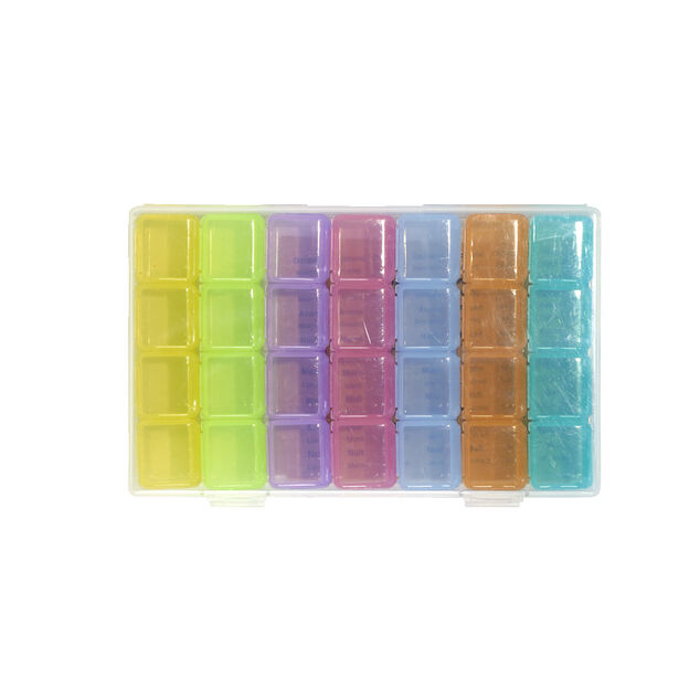 Pilulier 1 mois 28 compartiments rectangulaire plastique bleu 10,5x17,4cm