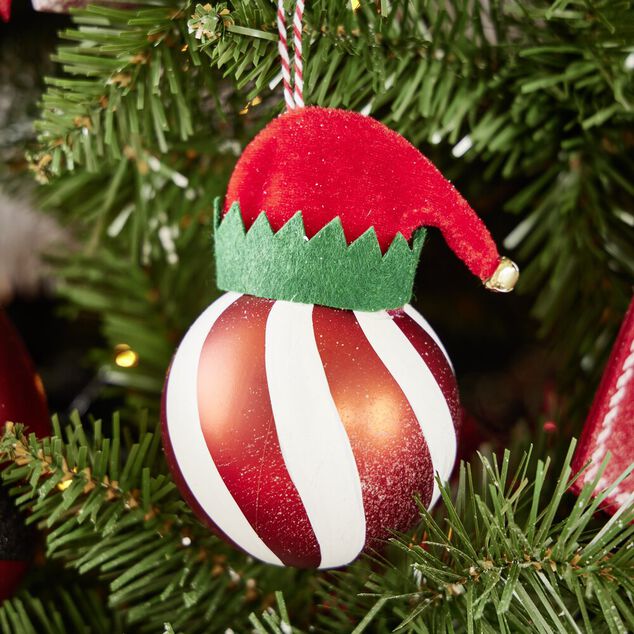 Boule de No&euml;l motif spirale et bonnet P&egrave;re No&euml;l ou lutin &Oslash;8xH11cm