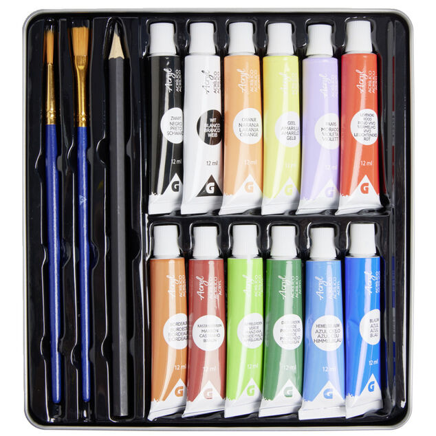 Kit tube de peinture acrylique 12x12ml avec 2 pinceaux et 1 crayon de bois